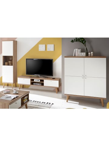 Wohnwand weiß Eiche Riviera, Schrankwand skandinavisch 3-teilig 337 x 197 cm
