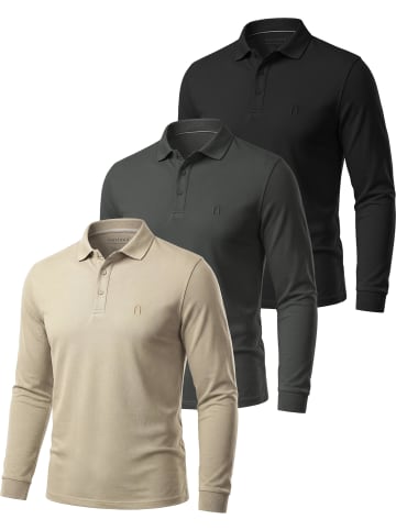 3er Set Herren Langarm Poloshirt Lyroe in Schwarz/Anthrazit/Beige