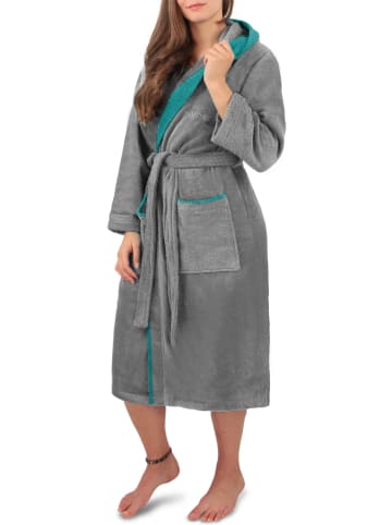 Damen Wellness-Bademantel aus 100% Baumwolle in Grau/Petrol