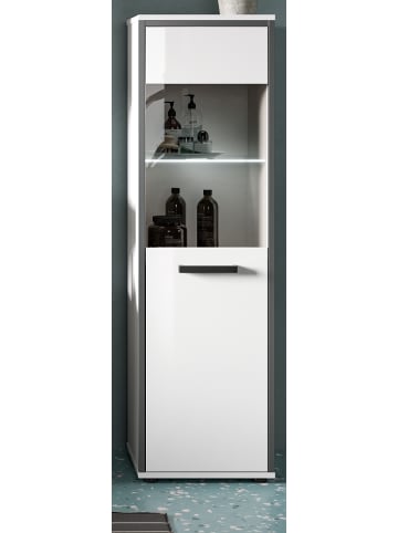 Midischrank weiß Hochglanz, grau 40 x 139 cm, Badkommode Türanschlag wechselbar