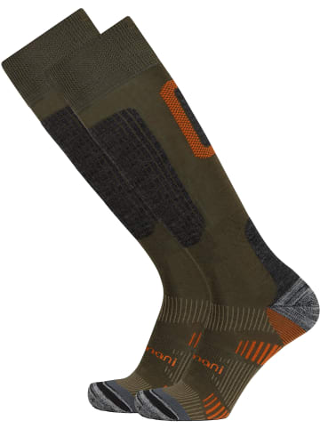 2 bequeme Merino Trekking Kniestrümpfe mit Frotteesohle in Oliv