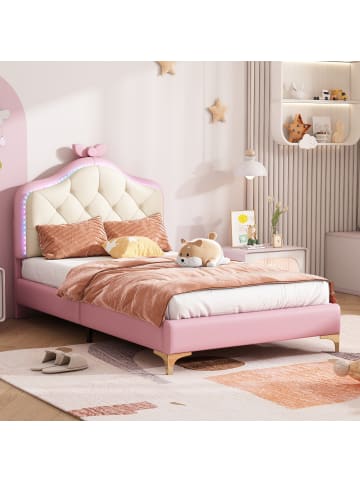 Polsterbett in Rosa 90x200 cm mit Wellenform LED Schleife PU