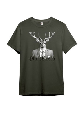 Herren T-Shirt, Platzhirsch mit Sakko, Hirschkopf in Olive
