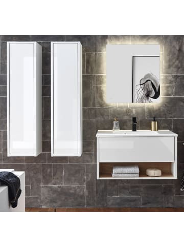 Badmöbel-Set weiß Hochglanz, Eiche mit Waschbecken und LED Beleuchtung 160 cm