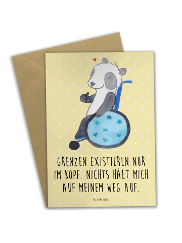 Klappkarte Panda Rollstuhl mit Spruch in Gelb Pastell