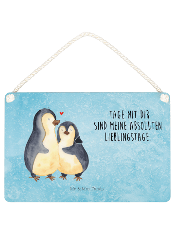 Deko Schild Pinguin umarmen mit Spruch in Eisblau