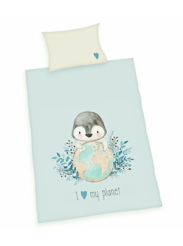 2 tlg. Renforcé Bettwäsche 100x135cm Pinguin in Hellblau