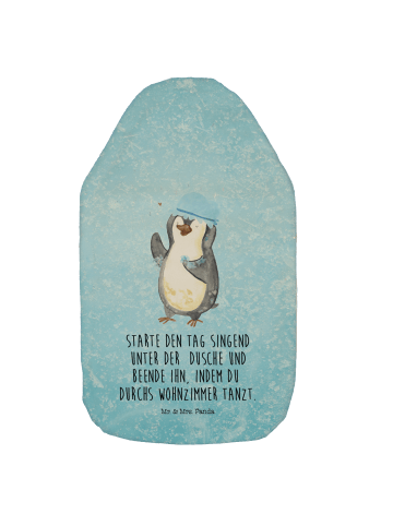 Wärmebeutel Pinguin Duschen mit Spruch in Eisblau
