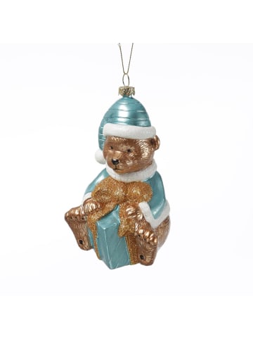 Weihnachtsbaumschmuck Teddybär mit Geschenk bruchfest H: 13cm in blau