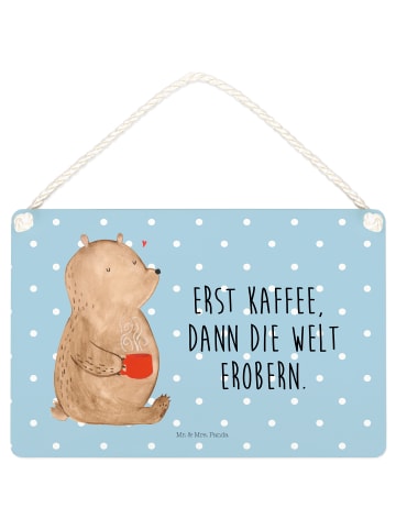 Holzbild Bär Kaffee mit Spruch in Blau Pastell