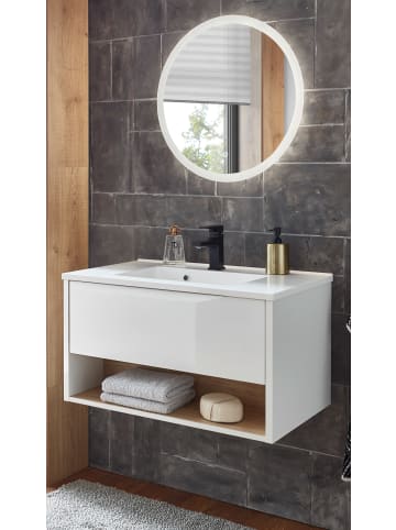 Badmöbel-Set weiß Hochglanz, Eiche 80 cm 2-teilig mit Waschbecken