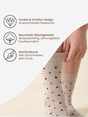 10 Paar Bunte Socken Damen Socken Streifen & Punkte in braun/beige