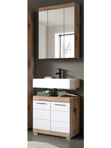 Badmöbel-Set weiß Hochglanz, Eiche 2-teilig 60 cm mit viel Stauraum