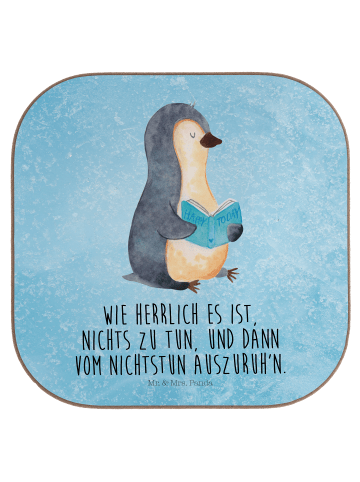 Bierdeckel Pinguin Buch mit Spruch in Eisblau