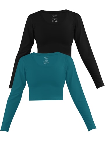 2 x Damen crop Langarmshirt Nerja in Petrol/Schwarz