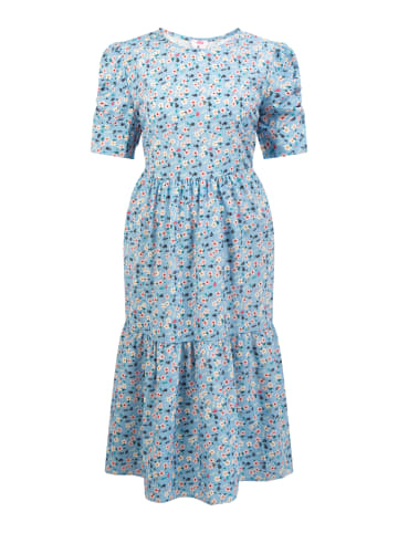 Damen Midi Kurzarmkleid in Blau Mehrfarbig
