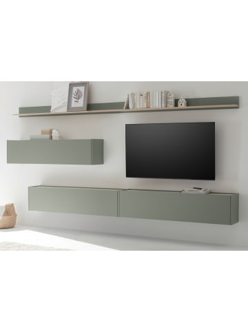 Wohnwand Salbei grün, Barista Eiche Set 5-teilig mit XXL TV-Board 340 cm