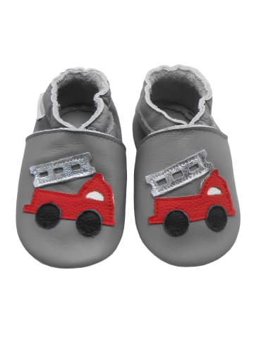 Graue Baby-Leder-Laufschuhe, komfortabel mit rutschfester Sohle - Lastwagenmotiv