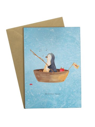 Glückwunschkarte Pinguin Angelboot ohne Spruch in Eisblau