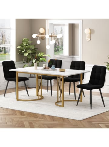 Esstisch Set in Weiß Golden 5-tlg 140x80 cm mit goldenen Beinen Samt Stühlen
