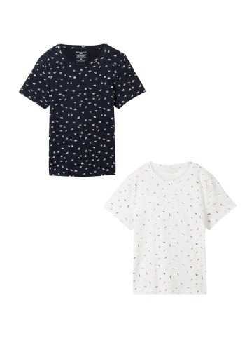 Shirt 2er-Set Rundhals Kurzarm T-Shirt mit Print in Weiß-Dunkelblau