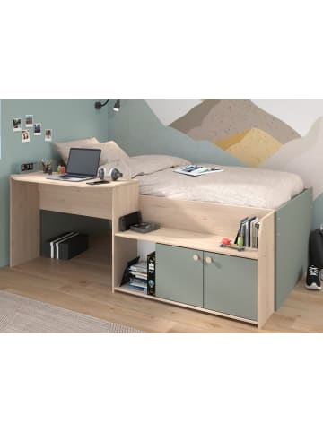 Hochbett Eiche, grün, Stauraum-Bett für Kinder- und Jugendzimmer, 90 x 200 cm