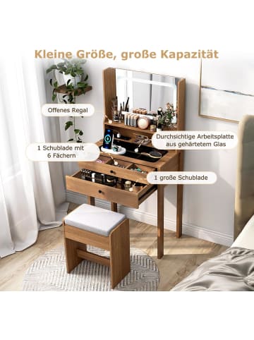 Schminktisch Set mit Steckdosen & LED in Hellbraun