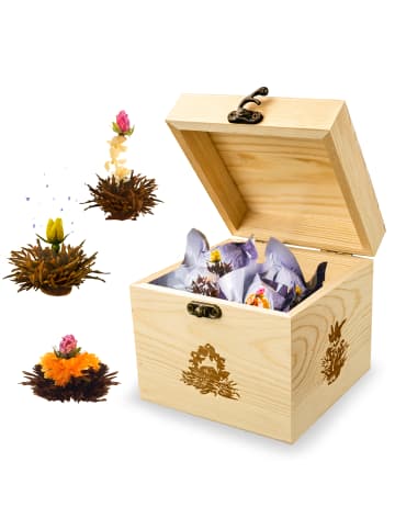 7tlg. Set:  Holz-Teekiste + 6 Teeblumen "ErblühTee Schwarzer Tee"