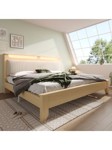 Doppelbett Holzbett 140×200cm Kopfteil mit Stauraum und LED, helle Eiche