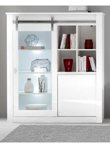 Vitrine weiß Hochglanz 133 x 153 cm, Vitrinenschrank mit Soft-Close