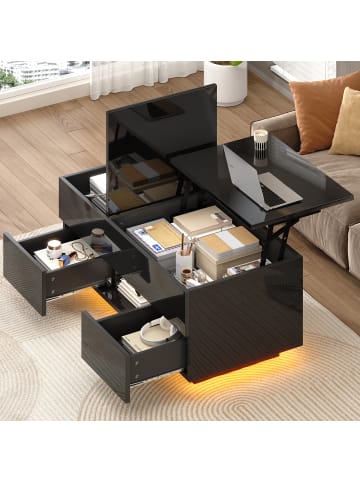 LED Couchtisch in Schwarz Hochglanz mit 2 Schubladen 100x45 cm höhenverstellbar