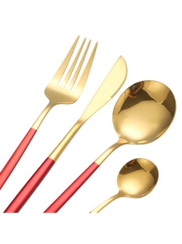 24 tlg Besteck-Set aus hochwertigem Edelstahl für 6 Personen - Rot/Gold in Gold