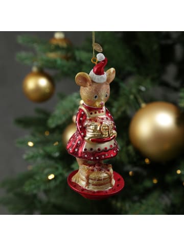 Christbaumschmuck Maus mit Pfannkuchen Glas H: 15cm in rot