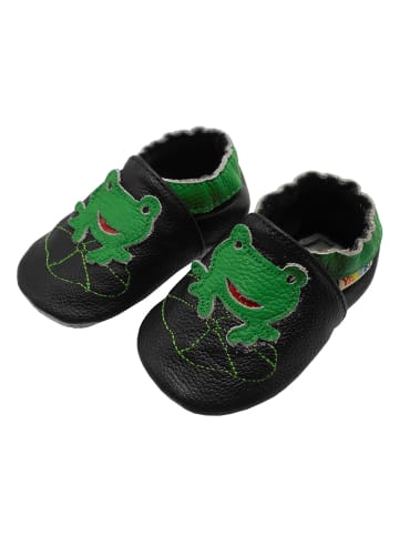 Babyschuhe aus Leder mit rutschfester Sohle – Schwarz mit Frosch-Muster