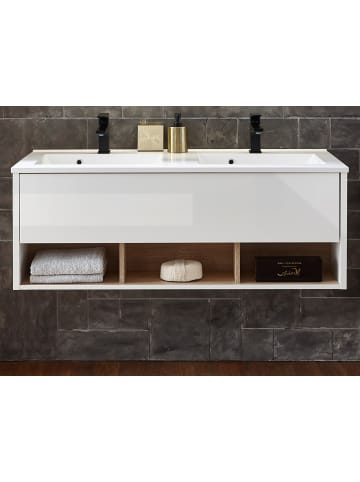 Waschtischkombi weiß Hochglanz, Eiche 120 cm, Doppelwaschtisch inkl. Waschbecken