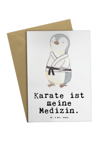 Grußkarte Pinguin Karate mit Spruch in Weiß