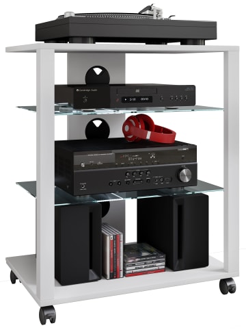Hifi Möbel Rack Glas Phono Mediaregal Folas Rollen in Weiß