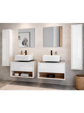 Badmöbel-Set 6-teilig weiß Hochglanz, Eiche 250 cm, Komplettset mit Beleuchtung