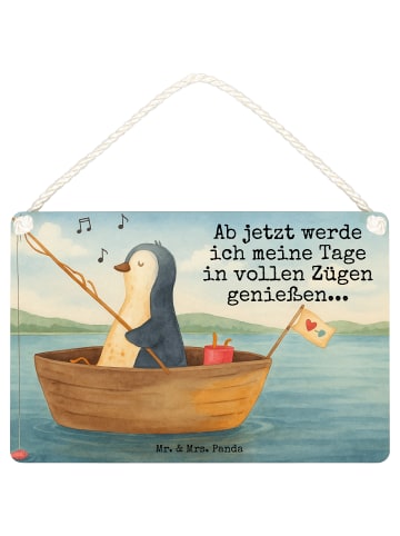Schild Pinguin Angelboot Design mit Spruch in Weiß
