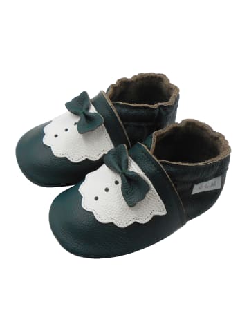 Dunkelgrüne Baby-Leder-Laufschuhe, mit rutschfester Sohle - Schleifenmotiv