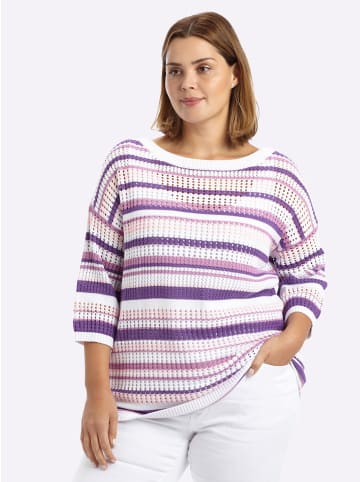 3/4-Arm-Pullover in orchidee-weiß-geringelt
