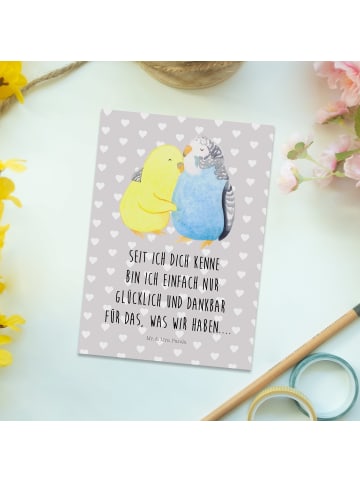 Postkarte Wellensittich Liebe mit Spruch in Grau Pastell