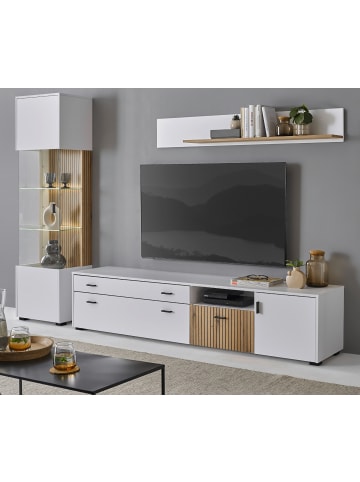 Wohnwand 3-teilig weiß matt, Eiche 258 cm, Set mit Soft-Close-Funktion