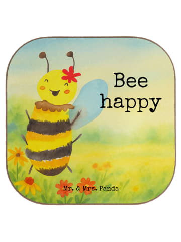 Glasuntersetzer Biene Happy Design mit Spruch in Weiß