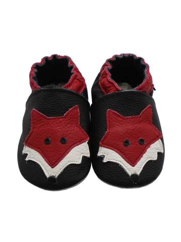 Leder Babyschuhe mit rotem Fuchsmuster, rutschfeste Sohle, schwarz