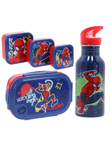 Spiderman Kinder Lunchset – 5-teilig Brotdose Trinkflasche Besteck in Blau