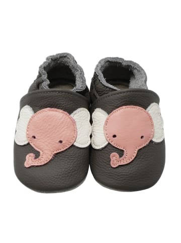 Baby Krabbelschuhe aus Leder mit rutschfester Sohle – Grau mit Elefantenmuster