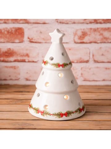 Teelichthalter WEIHNACHTSBAUM Weiß mit STERN Keramik 12 cm