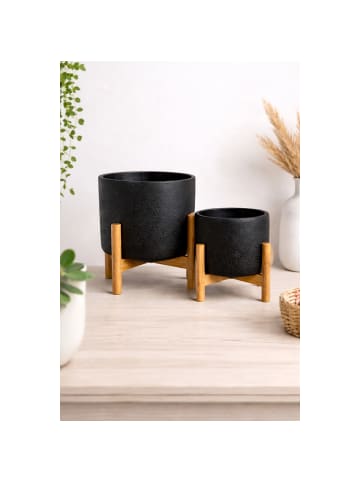 Blumentopf Set 2er Schwarz mit Holzständer Pflanzgefäße modern in Schwarz