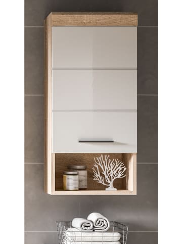 Hängeschrank weiß Hochglanz, Eiche 37 cm, Badschrank hängend